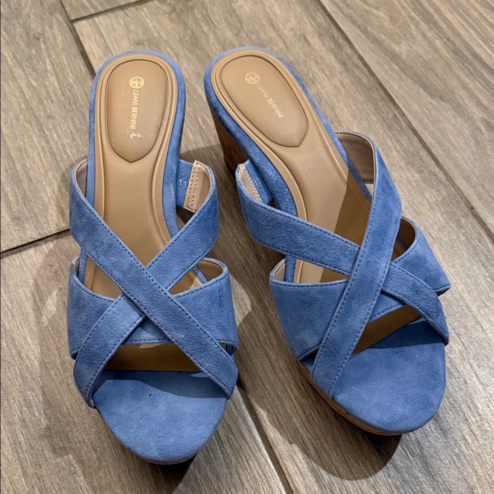 New Giani Bernini Light Blue Suede Crisscross Cork Wedge Slide Sz 9.5 M - Picture 3 of 9